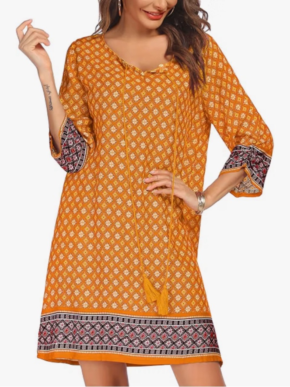 Women's Orange Printed Tassel Tie Tunic Dress